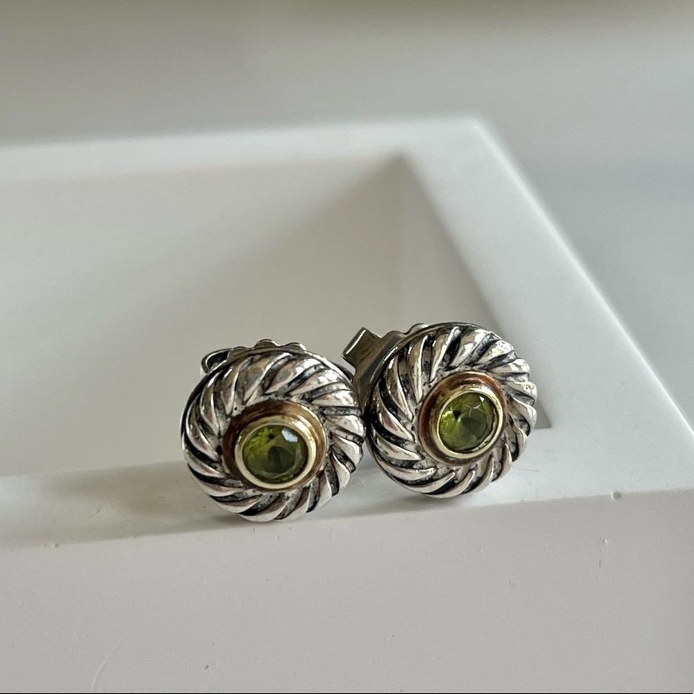 David Yurman 925 Silver & 14K Yellow Gold Peridot Cookie Cable Stud Earrings